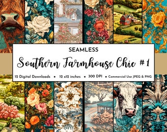 Southern Country Farmhouse Chic Digital Paper Pack #1 | Seamless Floral Pattern | Cow Digital Design | Farmer Clipart | Scrapbook | Planner