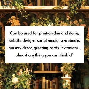 Puede incluir: Ilustraci&oacute;n con dise&ntilde;o ornamental, elementos florales y fondo de biblioteca. El texto indica su uso para art&iacute;culos de impresi&oacute;n bajo demanda, dise&ntilde;os web, redes sociales y otros proyectos creativos.