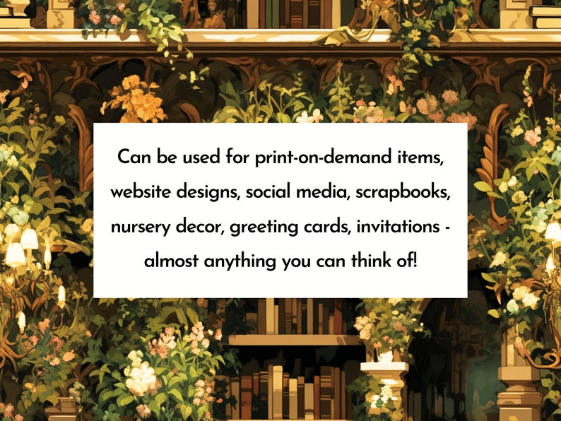 Puede incluir: Ilustraci&oacute;n con dise&ntilde;o ornamental, elementos florales y fondo de biblioteca. El texto indica su uso para art&iacute;culos de impresi&oacute;n bajo demanda, dise&ntilde;os web, redes sociales y otros proyectos creativos.
