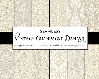 Vintage Ivory Champagne Damask Digital Paper Pack | Antique Retro Textured Paper | White and Beige Wedding Digital Paper | Instant Download