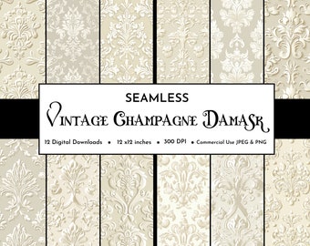 Vintage Damask Digital Paper: Ivory, Champagne, Seamless (Instant Download)
