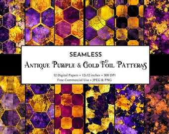 Antique Purple and Gold Foil Flake Textures | Purple Gold Marble Digital Paper | Printable Foil Background | Scrapbook Paper | Junk Journal
