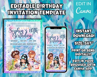 Editable Mermaid Birthday Invitation Canva Template | Little Mermaid Under the Sea | Magical Purple Girl Invite | Instant Download Printable