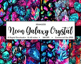 Neon Galaxy Rainbow Crystal Digital Paper Pack | Seamless Pattern | Gemstone Geode Digital Paper | Free Commercial Use