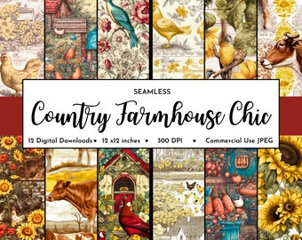 Vintage Country Farmhouse Chic Digital Paper Pack | Seamless Pattern | Cow Chicken Digital Design | Farmer Clipart | Scrapbook | Planner