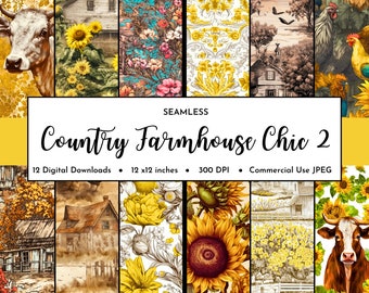 Vintage Country Farmhouse Chic Digital Paper Pack #2 | Seamless Pattern | Cow Chicken Digital Design | Farmer Clipart | Scrapbook | Planner
