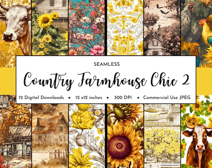 Featured listing image: Vintage Country Farmhouse Chic Digital Paper Pack #2 | Seamless Pattern | Cow Chicken Digital Design | Farmer Clipart | Scrapbook | Planner