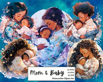 Watercolor Mom and Baby Clipart Bundle | 25 Baby Shower Graphics | Black Mom Clipart | African American Mom | Mother's Day PNG SVG EPS