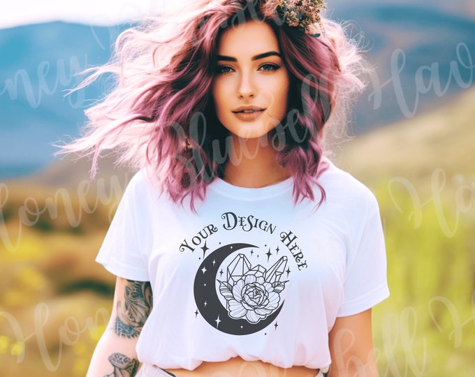 Featured listing image: Boho Goth Alt Cottagecore Bella Canvas 3001 TShirt Mockup | Bella Canvas Shirt | Witchy Fall Outdoor Fairycore Mockup | Goth Mockup