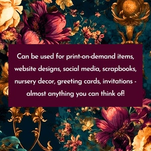 Puede incluir: Un dise&ntilde;o floral digital con flores grandes y detalladas en tonos burdeos, dorados y naranjas sobre un fondo verde azulado oscuro. La imagen incluye texto: "Se puede utilizar para art&iacute;culos de impresi&oacute;n bajo demanda..."