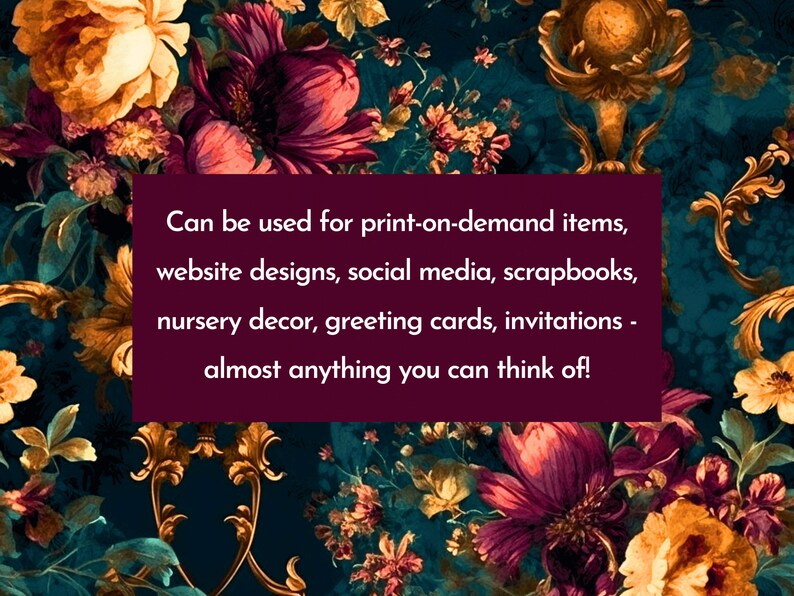 Puede incluir: Un dise&ntilde;o floral digital con flores grandes y detalladas en tonos burdeos, dorados y naranjas sobre un fondo verde azulado oscuro. La imagen incluye texto: "Se puede utilizar para art&iacute;culos de impresi&oacute;n bajo demanda..."