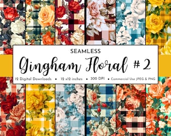 Seamless Gingham Floral Digital Paper Pack #2 | Diagonal Gingham | Buffalo Plaid Rose Pattern | Check Picnic Design | Scrapbook | Planner