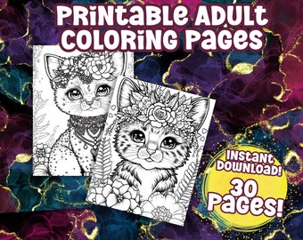 Dibujos para colorear de gatos kawaii / 30 ilustraciones (Descarga digital)
