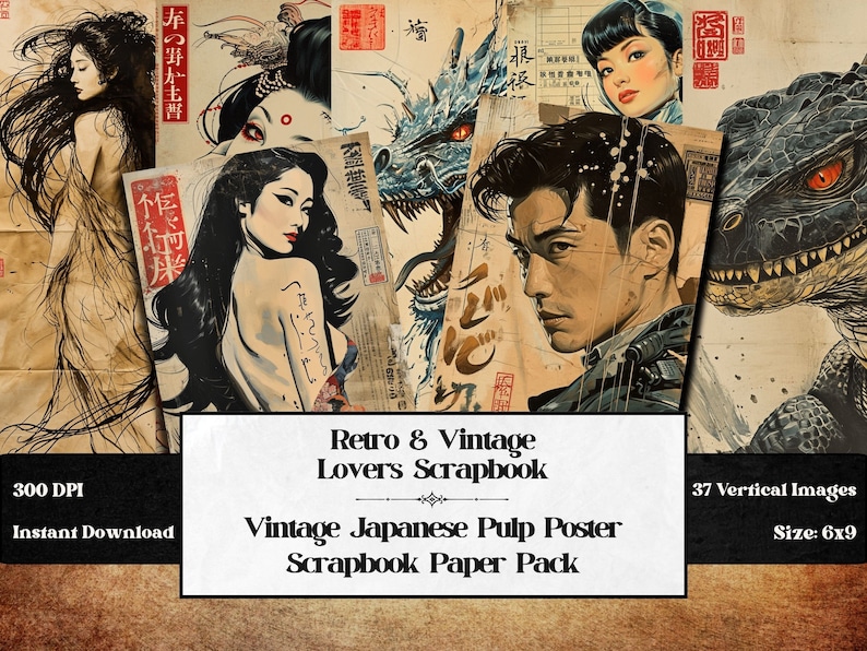May include: A digital scrapbook paper pack with 37 vertical images. The images are vintage Japanese pulp posters with a retro and vintage lovers theme. The images are 300 DPI and are available for instant download. The paper pack is 6x9 inches in size. The text on the image reads: '本の野村主群', '作米', '300 DPI', 'Instant Download', 'Retro & Vintage Lovers Scrapbook', 'Vintage Japanese Pulp Poster Scrapbook Paper Pack', '37 Vertical Images', 'Size: 6x9'.