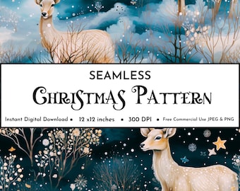 Christmas Deer Forest Seamless Pattern | Winter Digital Paper | Holiday Seamless Christmas Pattern | Whimsical Printable Scrapbook Paper