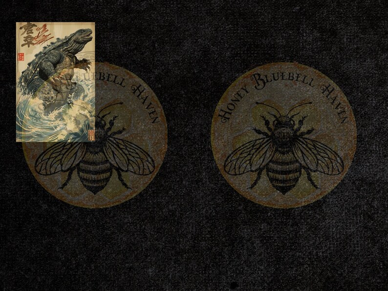 Puede incluir: Dos posavasos redondos con una ilustraci&oacute;n de abeja y el texto "HONEY BLUEBELL HAVEN" en un patr&oacute;n circular. Tambi&eacute;n hay una peque&ntilde;a impresi&oacute;n japonesa enmarcada que representa una criatura parecida a un lagarto en una ola.