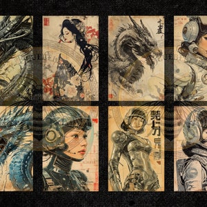 Puede incluir: Ocho impresiones art&iacute;sticas rectangulares con una est&eacute;tica vintage. Las impresiones presentan ilustraciones de dragones, geishas y mujeres futuristas con trajes espaciales. La paleta de colores incluye tonos beige, gris y rojo, con elementos de texto y dise&ntilde;o japoneses.