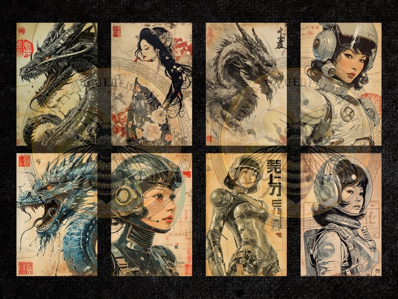 Puede incluir: Ocho impresiones art&iacute;sticas rectangulares con una est&eacute;tica vintage. Las impresiones presentan ilustraciones de dragones, geishas y mujeres futuristas con trajes espaciales. La paleta de colores incluye tonos beige, gris y rojo, con elementos de texto y dise&ntilde;o japoneses.