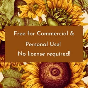 Puede incluir: Ilustraci&oacute;n digital con un patr&oacute;n repetido de girasoles en tonos amarillos, dorados y verdes. La imagen incluye el texto "Free for Commercial & Personal Use! No license required!"