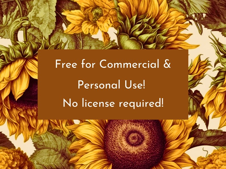 Puede incluir: Ilustraci&oacute;n digital con un patr&oacute;n repetido de girasoles en tonos amarillos, dorados y verdes. La imagen incluye el texto "Free for Commercial & Personal Use! No license required!"