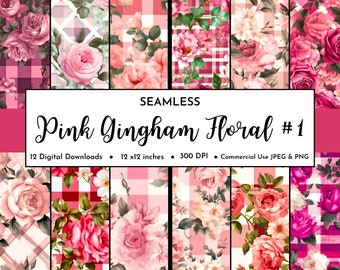 Seamless Pink Gingham Floral Digital Paper Pack #1 | Diagonal Buffalo Plaid Rose Pattern | Check Picnic Design | Scrapbook | Planner