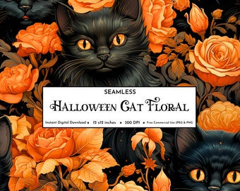 Halloween Black Cat Seamless Digital Paper | Halloween Seamless Pattern | Halloween Black Cat Paper | Scrapbooking Planner Journal Paper