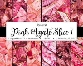 Pink Agate Slice Watercolor Digital Paper Pack | Seamless Pattern | Gold Foil Agate | Gemstone Geode Digital Paper | Free Commercial Use