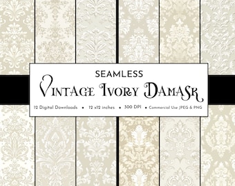 Distressed Vintage Ivory Damask Digital Paper Pack | Antique Retro Textured Paper | White and Beige Wedding Digital Paper | Instant Download