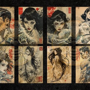 Puede incluir: Una colecci&oacute;n de ocho grabados art&iacute;sticos que presentan retratos estilizados con una est&eacute;tica japonesa. Los grabados muestran figuras con detalles intrincados, sobre un fondo de texturas de papel vintage y caligraf&iacute;a japonesa.