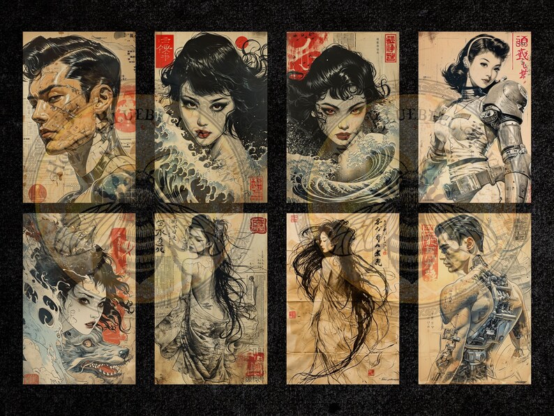 Puede incluir: Una colecci&oacute;n de ocho grabados art&iacute;sticos que presentan retratos estilizados con una est&eacute;tica japonesa. Los grabados muestran figuras con detalles intrincados, sobre un fondo de texturas de papel vintage y caligraf&iacute;a japonesa.