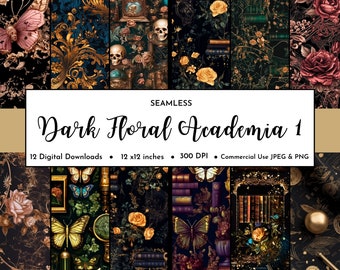 Dark Academia Floral Digital Paper Pack | Seamless Pattern | Vintage Academy Gothic Design | Junk Journal | Scrapbook | Planner