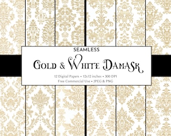 Gold & Ivory Damask Digital Paper Pack | Antique Retro Textured Paper | White and Beige Wedding Digital Paper | Instant Download