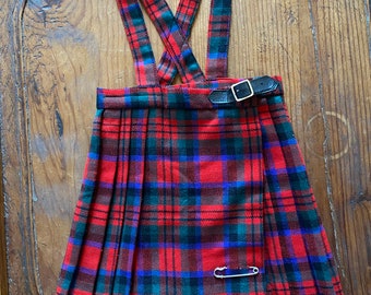 Vintage Child’s Celtic Plaid Kilt 1960s Made in Ireland 100% Wool Traditional Tartan With Crisscross Attached Suspenders Boy Girl Kilt