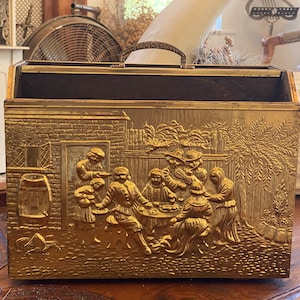 Mid century Vintage Brass Embossed Record Holder Magazine Rack Mail Organizer File Folder Hollywood Regency Decor