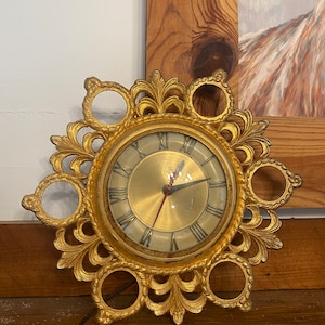Vintage Gold Metal Wall Clock Ornate Design Electric Mid Century Clock Roman Numerals