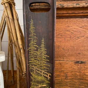 Antique Primitive Wooden Mandolin Vegetable Slicer Hand Painted Wooded Scene from Early 1900s Rustic Farmhouse Country Kitchen Decor
