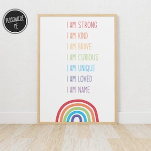 Cartel personalizado de afirmación de los niños, impresión digital de afirmación positiva, colorido arte de la pared del dormitorio del niño arco iris, decoración de la sala de juegos