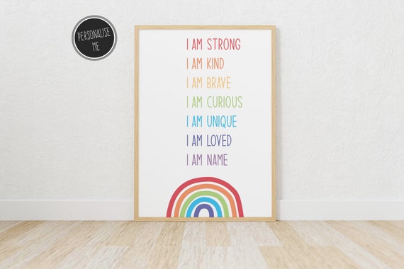 Personalised Children's Affirmation Poster, Positive Affirmation Digital Print, Colourful Rainbow Kid's Bedroom Wall Art, Playroom Decor