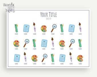 Puede incluir: Un gráfico imprimible con 24 iconos coloridos de útiles escolares, incluyendo una regla, una calculadora, un pincel, una paleta de pintura y una lupa. El gráfico está titulado "Tu título 2022-23".