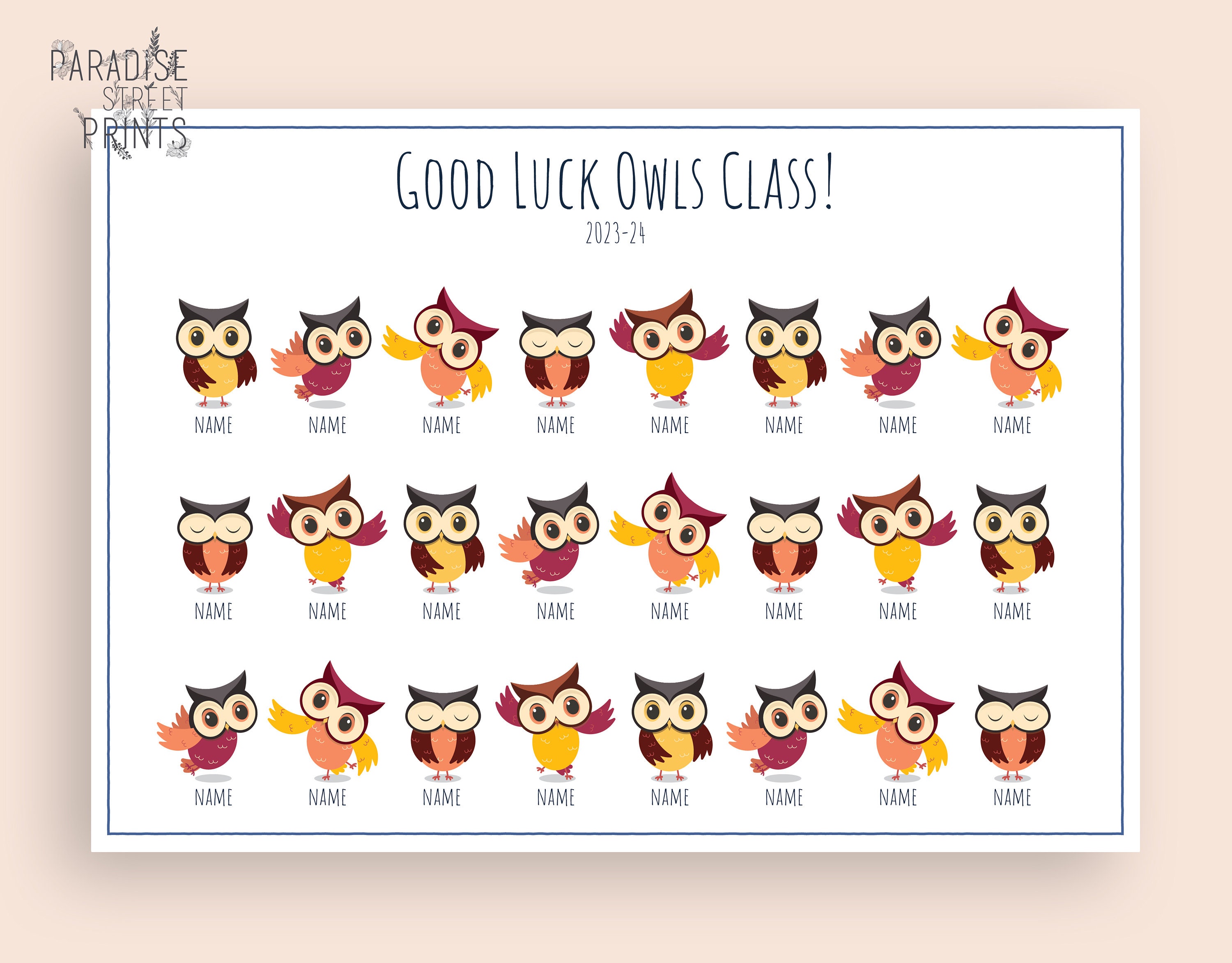 Personalised Owls Print, End of Year Gift for Students, Teacher Appreciation Gift, Class Present, St