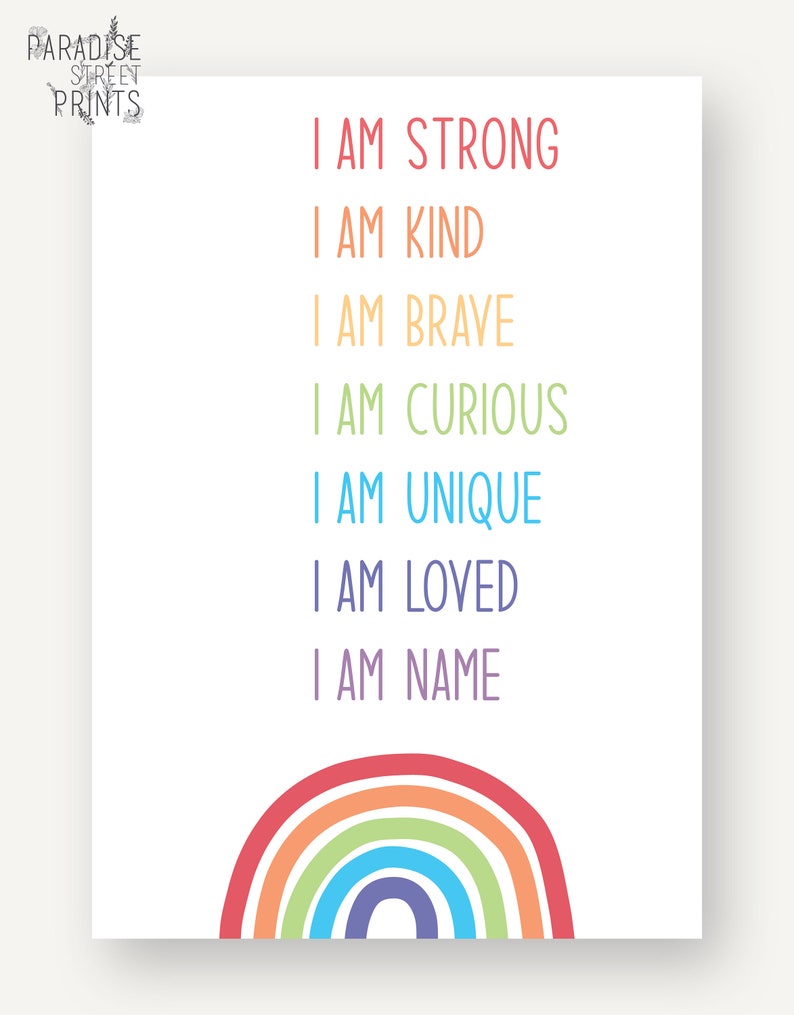 May include: A colourful rainbow graphic with the text "I am strong, I am kind, I am brave, I am curious, I am unique, I am loved, I am [name]" printed in different colours.