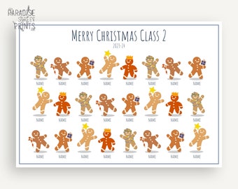 Puede incluir: Una lista de clase de Navidad imprimible con figuras de pan de jengibre con diferentes decoraciones. El título es "Merry Christmas Class 2 2023-24".