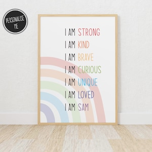 Cartel personalizado de afirmación de los niños, impresión digital de afirmación positiva, colorido arte de la pared del dormitorio del niño arco iris, decoración de la sala de juegos