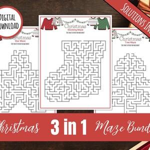 May include: A printable Christmas maze bundle with three mazes: a star, a stocking, and a Christmas tree. The mazes are black and white and have the text "Christmas Star Maze", "Christmas Stocking Maze", and "Christmas Tree Maze".