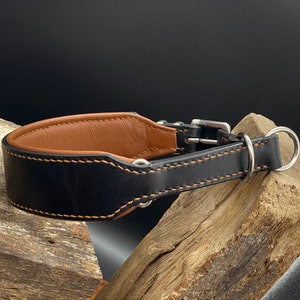 Könnte beinhalten: Ein schwarzes Lederhundekragen mit braunem Lederfutter und einer silbernen Schnalle. Das Halsband ist mit orangefarbenem Garn genäht.