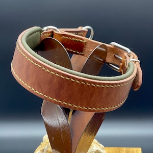 Könnte beinhalten: Ein braunes Lederhundekragen mit grünem Futter und einer silbernen Schnalle. Das Halsband ist mit gelbem Garn genäht und wird auf einem Metallständer präsentiert.