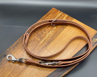 Leather leash 3-way adjustable, natural harness leather, stainless steel carabiner, hand-sewn