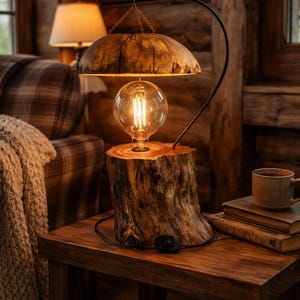 Lámpara de mesa rústica con forma de tronco de madera - Lámpara de mesita de noche única hecha con un tronco de árbol