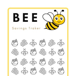 Könnte beinhalten: Ein schwarz-weißer druckbarer Bienensparenspeicher mit einer Cartoon-Bienenillustration. Der Tracker hat ein Raster aus Honigbehältern, Waben und Bienen. Der Text "BEE Savings Tracker" befindet sich oben auf der Seite. Der Text "GOAL=$" befindet sich unten auf der Seite.