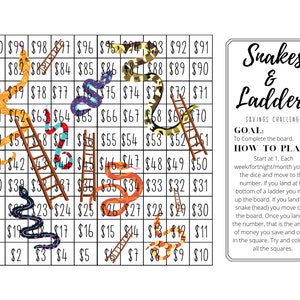 May include: A Snakes and Ladders board game with a savings challenge theme. The board is a 10x10 grid with dollar amounts in each square. There are ladders and snakes that move players up and down the board. The game instructions are on the right side of the board.